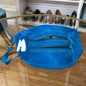 Moxi “Fun Bag” suede fanny pack in pool blue (retired color)